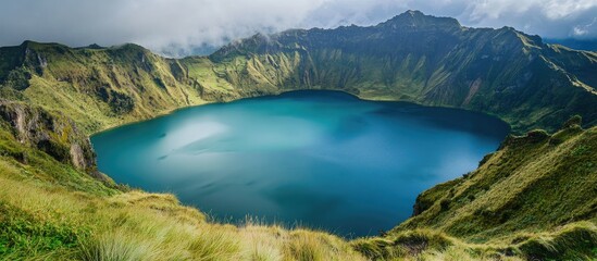 Serene view of a pristine lake surrounded by lush green mountains in a national park under a dramatic cloudy sky