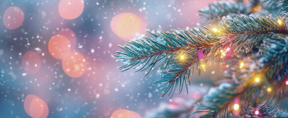 Snow-covered evergreen branch with colorful holiday lights and bokeh