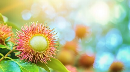 Close-up of a rambutan fruit on a tree branch with blurred background.
