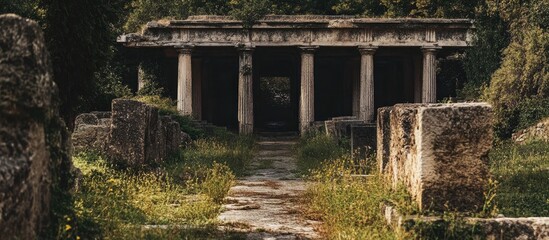 Ancient ruins of a sacred stoa surrounded by overgrown vegetation showcasing historical architecture and serene natural beauty