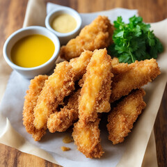pieces of crispy fried chicken strips coated in panko herb breadcrumbs, dipped in tempura butter, served with honey mustard dip