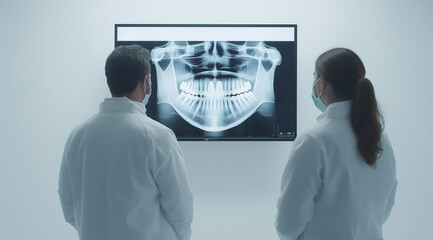 Fototapeta premium Two professional dentists examining an x-ray of a jaw on a large monitor, standing in front view against a white wall, high-resolution photography.