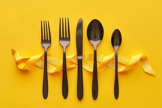 Elegant black cutlery set wrapped with a golden ribbon, symbolizing a special occasion or celebration
