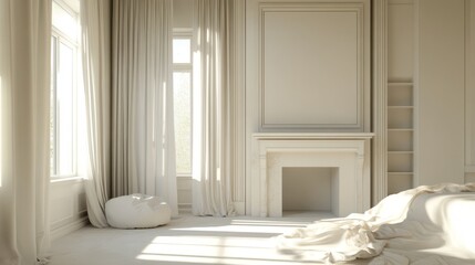 Airy and tranquil bedroom featuring a white fireplace, minimalist decor, and soft curtains gently framing a large window