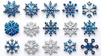 A collection of intricate snowflake designs in blue and white, perfect for winter themes and holiday decorations.