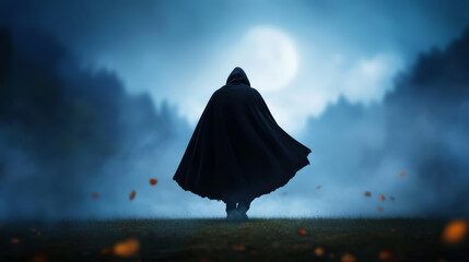 Mysterious figure in a cloak walking through a foggy landscape under a full moon at night