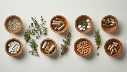 a herbal capsules in a wood bowl on a white table for using medical purpose generated by AI