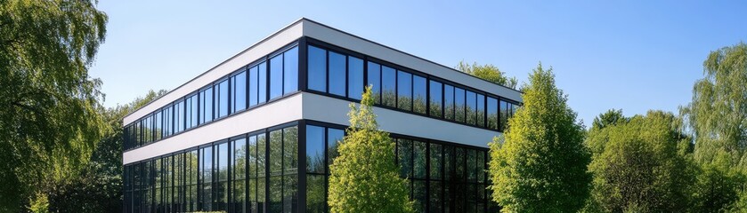 A modern building with large glass windows surrounded by greenery, showcasing contemporary architecture under a clear blue sky.