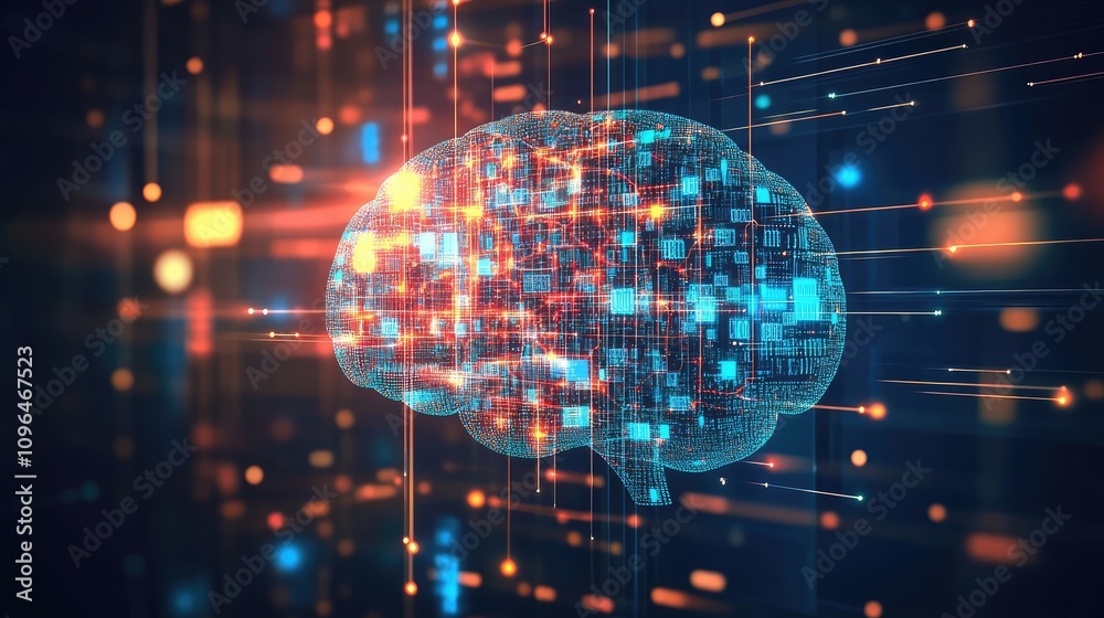 Poster conceptual digital brain with layers of glowing data streams visualizing ai learning processes abstr
