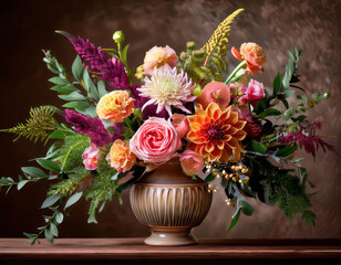 Obraz premium A stunning floral arrangement featuring pink roses, orange dahlias, purple astilbe, and various greenery is artfully displayed in an elegant bronze-colored urn.
