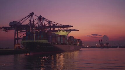 Obraz premium Container ship at port during twilight with cranes unloading cargo