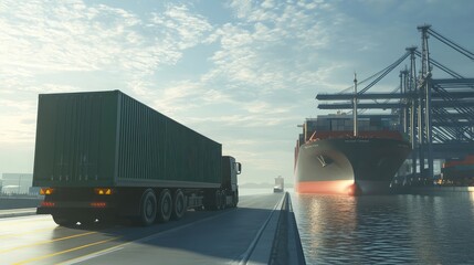 Obraz premium Container truck driving toward a large ship at the port, logistics import concept