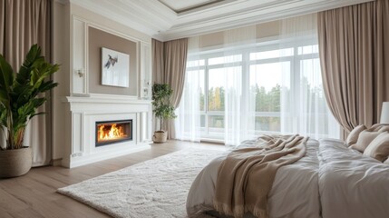 Spacious bedroom with a white fireplace surrounded by modern decor, soft billowing curtains framing large windows, and warm natural light