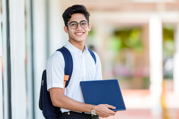 young indian college student holding laptop