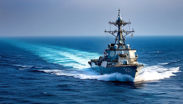 A naval destroyer navigating through the ocean, leaving a wake behind.