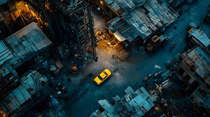 A lone yellow taxi navigating a dimly lit industrial area at dusk.