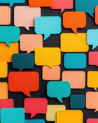 A vibrant array of colorful speech bubbles scattered against a dark background, symbolizing communication and dialogue.