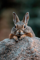 Fototapeta premium A little rabbit is sitting on a stone