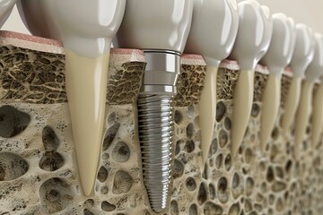 Realistic 3d rendering of a dental implant successfully integrated into the jawbone, showcasing its structure and placement amidst natural teeth