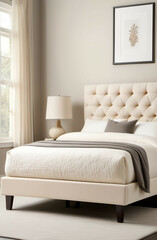 Fototapeta premium A luxurious bed frame with a tufted headboard in soft cream fabric, paired with low-profile wooden legs, set against a white background.