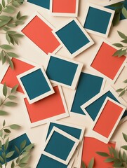 A vibrant background in red, white, and blue with flat design vector illustration of photo prints with vintage polaroid frames scattered in a dynamic layout high-resolution high-detail high-quality