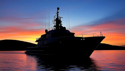 Fototapeta premium A silhouetted yacht against a colorful sunset reflecting on calm waters.