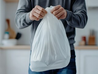 Person Holding Plastic Bag in Kitchen - Neutral
