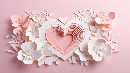 Romantic layered paper heart with flowers on pink background