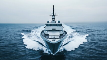 A modern ship navigating through calm waters, creating a wake behind it.