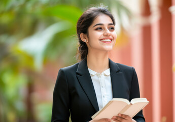 Fototapeta premium young indian female college student holding text book