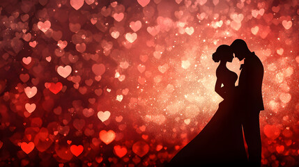 Silhouette of romantic couple with heart bokeh background, love theme