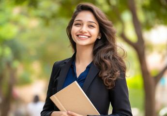 Fototapeta premium young indian female college student holding text book