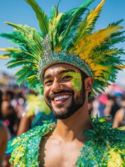 Vibrant Carnival Performer Smiling in Colorful Feathered Headdress