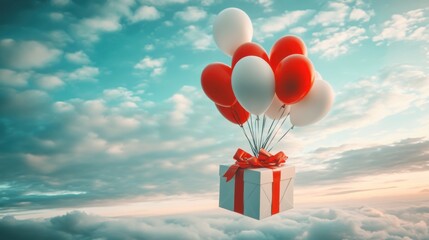Gift Box Floating Among Balloons in the Sky