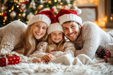 Joyful Family Celebrates Christmas Together in Cozy Atmosphere With Festive Decorations and Bright Smiles