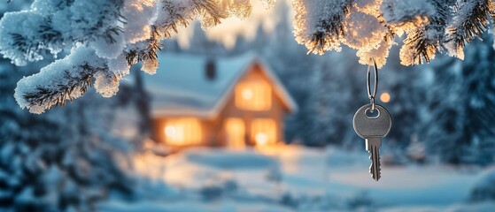 A solitary key dangles from a snowladen branch, while a cozy home emits a warm, inviting glow in the distance, perfect for exploring themes related to real estate or the process of relocating
