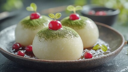 Matcha Desserts with Red Cherries