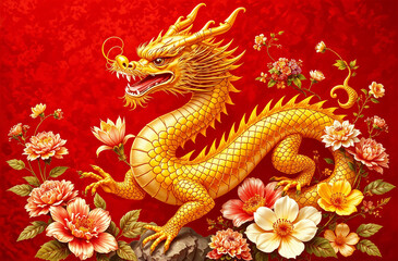Obraz premium Golden dragon surrounded by vibrant flowers against a red backdrop showcasing traditional art style