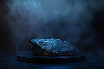 Obraz premium Black stone podium for luxury product placement. Rock granite pedestal stage background. Natural material scene. Minimal luxury aesthetic. 
