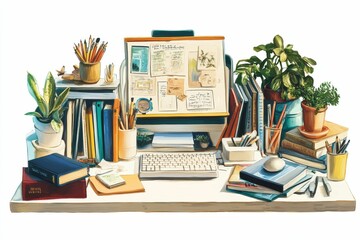 Fototapeta premium Cluttered desk, books, plants, computer, art supplies.