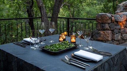 Elegant Dining Table Set in a Chic Outdoor Arrangement Surrounded by Nature, Featuring Stylish Glassware and Sophisticated Tableware for Memorable Gatherings