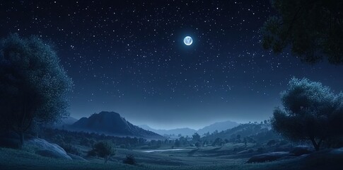 A starry night sky with the moon and stars shining brightly above an ancient valley