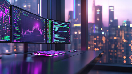 High Tech Trading Workstation in Modern Office Skyscraper