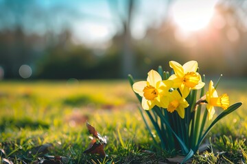 Yellow daffodils blooming in a spring meadow during a beautiful sunset, creating a warm and inviting atmosphere