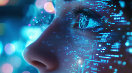 Futuristic Human Face with Holographic Data and Interfaces