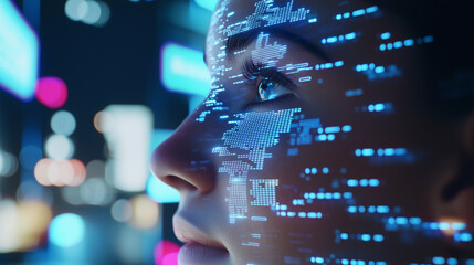 Futuristic Human Face with Holographic Data Interfaces