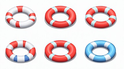 Six lifebuoys in red, white, and blue.