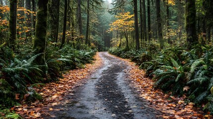 Fototapeta premium Serene forest pathway surrounded by autumn foliage and misty ambiance.