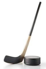 Professional Hockey Stick and Puck on White Background