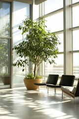 Large plant, modern chairs, sunlit room.